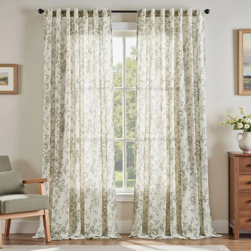 Vista 56 de JINCHAN Cortinas de mezcla de lino con flores para sala de campo francés, cortinas para sala de estar de 84 pulgadas de largo, cortinas impresas