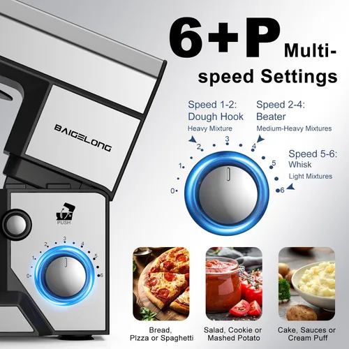 Vista 4 de BAIGELONG Batidora de pie de 6+P, mezclador de alimentos pequeño de 4.2 cuartos de galón con cuenco de acero inoxidable, gancho para masa, batidor