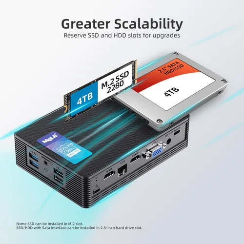 Vista 3 de MeLE Mini PC QuieterHD3 Celeron N5105 sin ventilador, 16 GB 512 GB, microcomputadora de escritorio pequeña con Gigabit Ethernet, WiFi 5 Dual HDMI