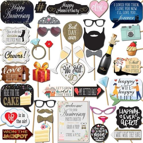 Anniversary Photo Booth Props - 41-pc Photobooth Kit with 8 x 10-Inch Sign, 60 Adhesive Pads, 45 Sticks - Wedding Anniversary Photo Props - Wedding