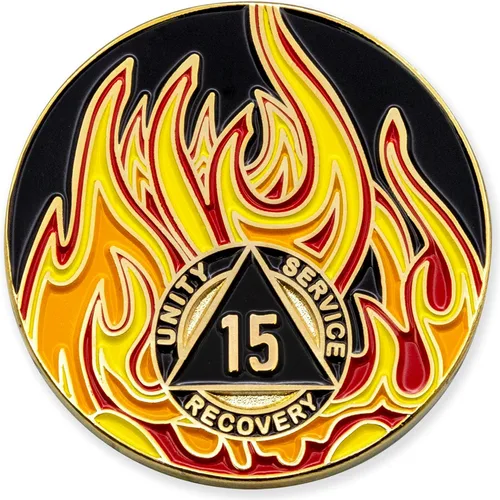 Vista 42 de Medallón de recuperación AA chapado en oro de 1 año Twisted Flames - Negro/Rojo/Naranja/Amarillo