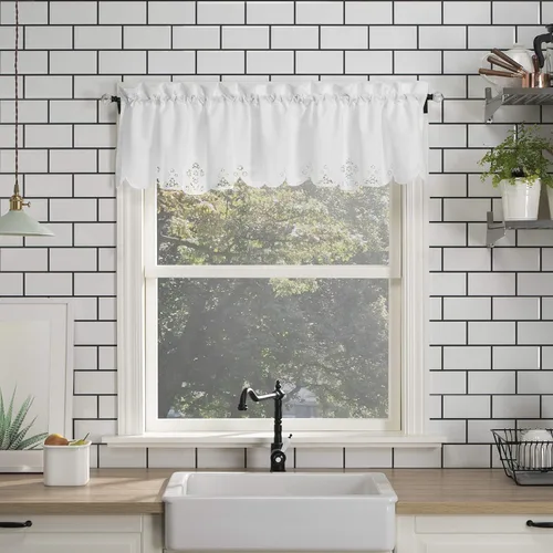 Vista 7 de No. 918 Mariela Floral Trim Semi-Sheer Rod Pocket Kitchen Curtain Valance and Tiers Set, 58" x 36", White