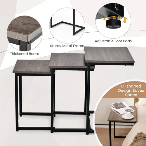 Vista 8 de Tangkula Juego de 3 mesas anidables, mesa auxiliar rectangular apilable con parte superior de madera y patas de metal, almohadillas ajustables