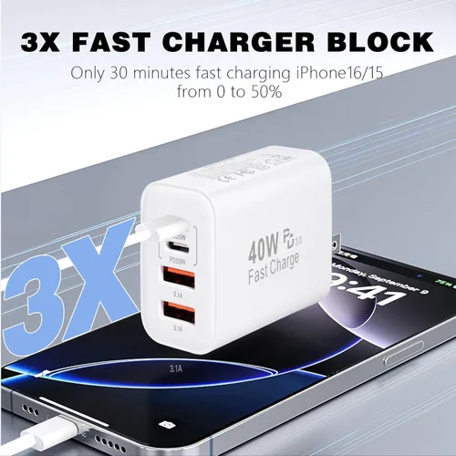 Vista 4 de Cargador para iPhone 17 y 16, cargador multipuerto de 40 W, carga rápida, paquete de 2 bloques de carga de teléfono USB C de 4 puertos de Apple