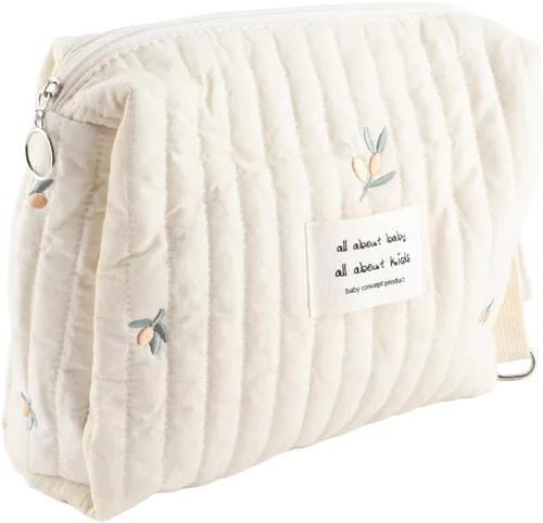 Vista 11 de Bolsa de pañales pequeña, bolsa de pañales acolchada de algodón con bonito patrón, bolsa de almacenamiento de pañales con ganchos para cochecito