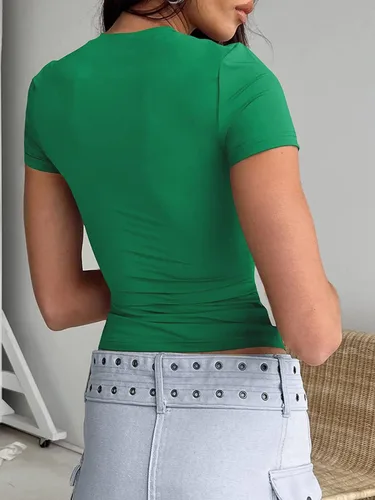 Vista 2 de Dwnval Camisetas básicas sexys para mujer, de verano, manga corta, cuello redondo, ajustadas, ombligueras