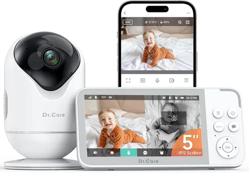 Dr.Care VistaView Monitor inteligente WiFi de 5 pulgadas para bebé, control de aplicación de cámara 2K y pantalla dividida de 1080P, detección de