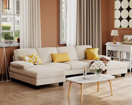 Vista 7 de Furmax Sofás Seccionales para Sala de Estar, Sofá en Forma de U con Tela de Lino, Juego de Sofá de 4 Asientos con Chaise Doble para Apartamento