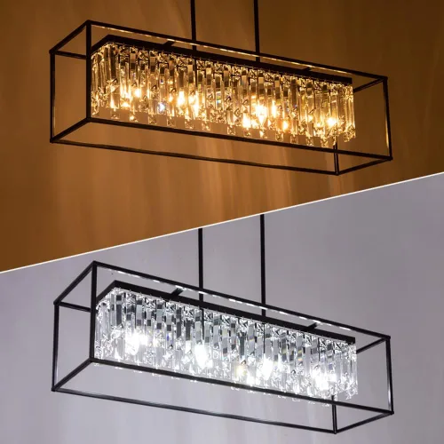 Vista 4 de Wellmet Lámpara de araña de granja para isla de cocina con cristal K9, accesorios de iluminación rectangulares negros para comedor, 4 luces