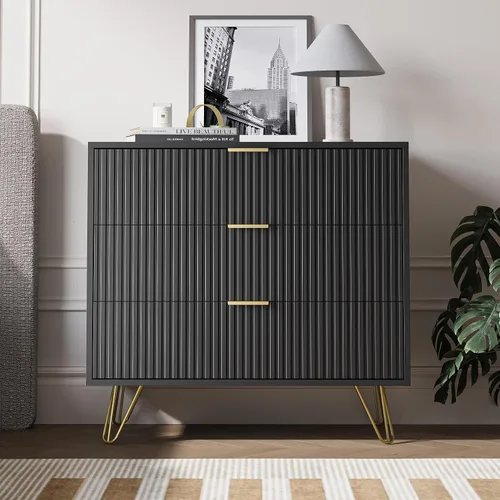 Vista 6 de MAISONARIA Cómoda negra de 3 cajones para dormitorio, cómoda moderna de armario, cómoda acanalada con asas de metal dorado, mesita de noche