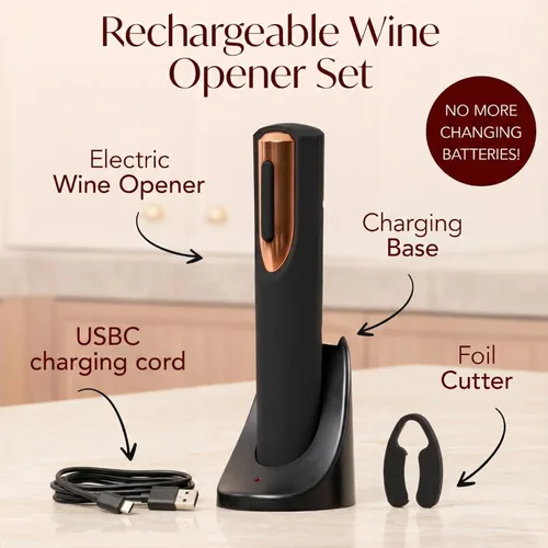 Vista 4 de Abrebotellas de vino eléctrico recargable, base de carga y cortador de papel de aluminio incluido con abridor automático de vino, sacacorchos