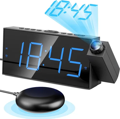 Vista 12 de Mesqool Reloj despertador de proyección, reloj digital con proyector giratorio de 180°, atenuador de brillo de 5 niveles, pantalla LED transparente