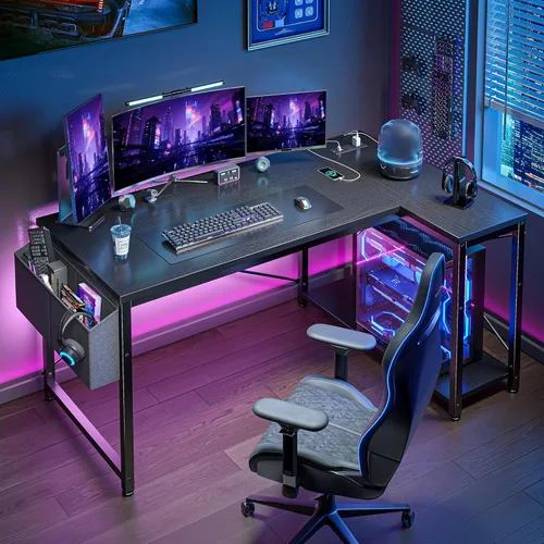 Vista 9 de EnHomee Escritorio pequeño para computadora con estantes de almacenamiento y bolsa lateral, escritorio de juegos en forma de L de 40 pulgadas