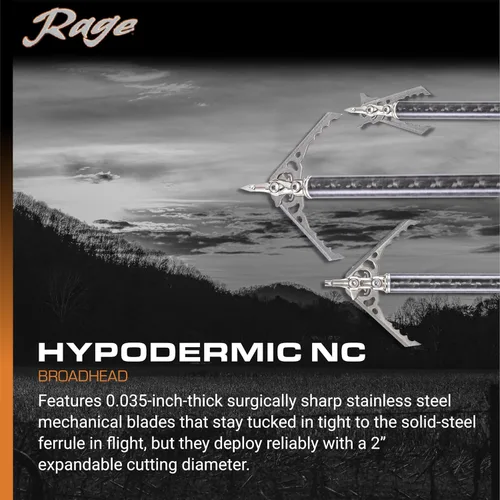 Vista 2 de Rage Hypodermic NC 2-cuchillas de 100gr para caza de punta ancha (R38100), punta híbrida, sin collar de bloqueo de cuchillas de 0,035” de grosor