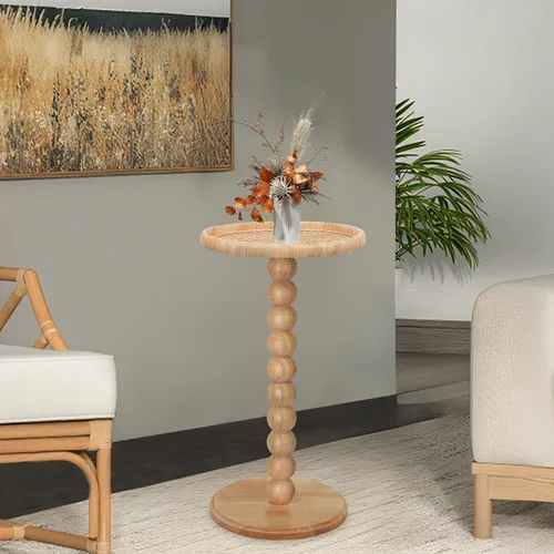 Vista 5 de Mesa de bebidas, mesa auxiliar pequeña de ratán bohemio para espacios pequeños, mesita de noche moderna de madera maciza para sala de estar