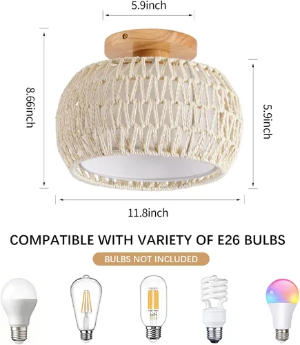 Vista 3 de Lámpara de techo de ratán bohemio, 3 opciones de estilo, luces de techo de mimbre semiempotradas, accesorios de luz costera beige, candelabro