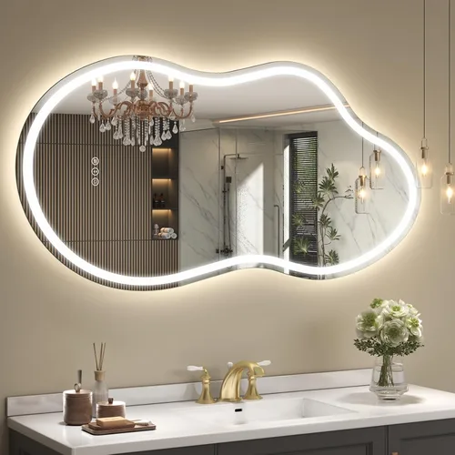 Vista 14 de SMIROR Espejo de baño retroiluminado irregular con luces de 20 x 36, espejo asimétrico de nube LED iluminado para pared, antiniebla, regulable