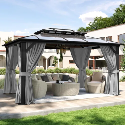 Vista 18 de Aoxun - Gazebo con techo rígido para jardines, patios con cemento o césped, pabellón permanente de policarbonato con doble techo, marco de aluminio