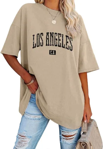 TAKEYAL Camisetas gráficas de Los Ángeles para mujer, camiseta de manga corta con estampado de letras de California