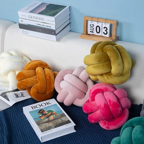 Vista 7 de Almohada de nudo de bola, almohada de nudo rosa intenso, almohadas decorativas suaves para el hogar, almohada redonda de felpa rosa anudada