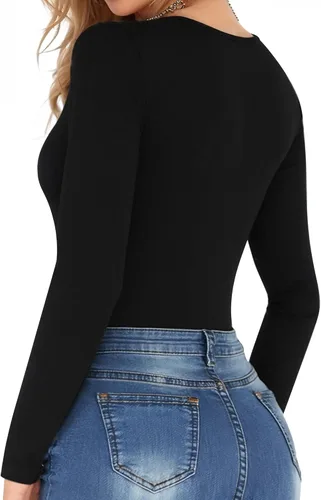 Vista 95 de MANGOPOP - Body de manga corta con cuello cuadrado para mujer