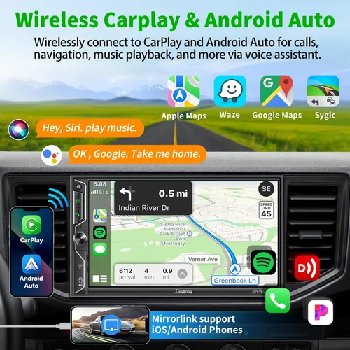 Vista 2 de SJoyBring [Actualización de pantalla QLED] Estéreo de coche de doble DIN de 7 pulgadas con cámara de salpicadero, Apple CarPlay inalámbrico