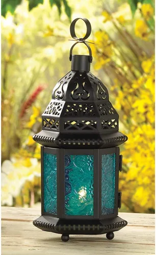 Vista 3 de Koehler 37438 - Linterna de cristal estilo marroquí de 10.25 pulgadas, 4.5 x 3.75 x 10.2 pulgadas, azul, negro