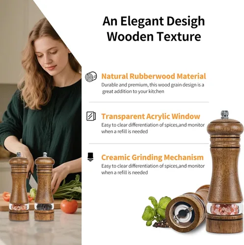 Vista 4 de Haomacro Juego de molinillos de sal y pimienta de madera, molinillo de pimienta manual clásico, molinillo de sal, molinillo de pimienta recargable