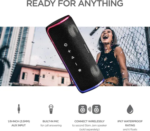 Vista 7 de ION Audio Slam Jam-IPX7 - Altavoz Bluetooth impermeable con micrófono, batería recargable, 15 sonidos de batería, entrada auxiliar y puerto de carga