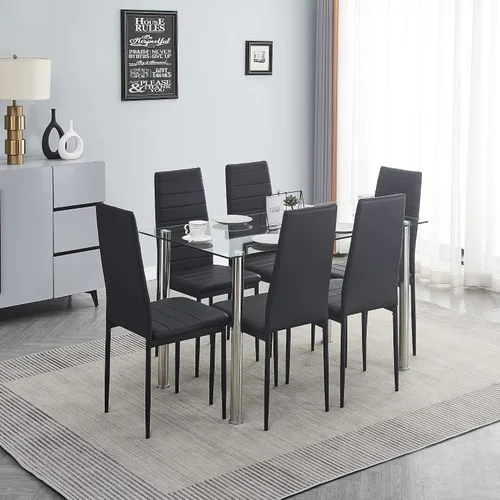 Vista 10 de Juego de mesa y silla de comedor de 7 piezas, juego de mesa de comedor para 6 mesas de cocina con 6 sillas, mesa rectangular de vidrio con 6 sillas