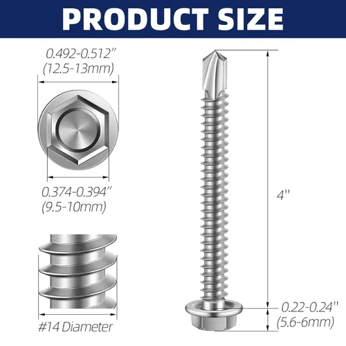 Vista 2 de MewuDecor Tornillos de chapa autoperforantes con punta de taladro, acero inoxidable 410, 20 unidades #14 x 4 (3/4 a 4 pulgadas)