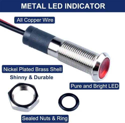Vista 2 de 5 piezas 6mm 110V-220VAC Luz indicadora LED metálica Montaje de orificio 1/4" 20mA Ahorro de energía Señal impermeable IP67 con cable