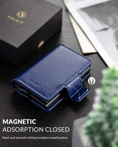 Vista 5 de VULKIT Tarjetero de crédito con bloqueo RFID de cuero automático billetera desplegable delgada con clip para dinero funda doble para tarjetas