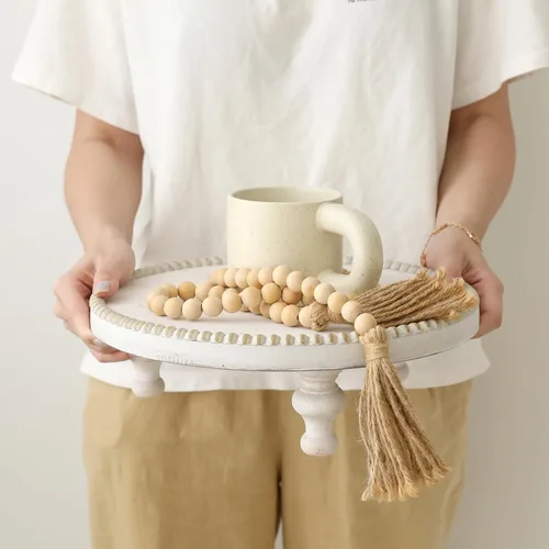 Vista 5 de SwallowLiving Soporte de Pie de Bandeja Redonda Blanca Rústica de Madera con Borde de Cuentas Estilo Granja con Acabado Blanco Lavado