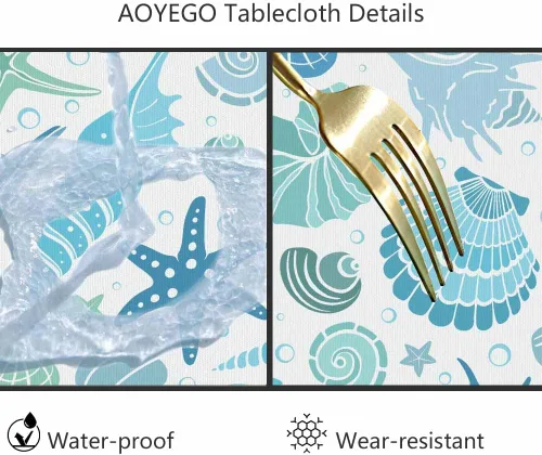 Vista 6 de AOYEGO Mantel redondo de verano con diseño de estrellas y conchas marinas, conchas y estrellas de mar y conchas azules, 60 pulgadas para comedor