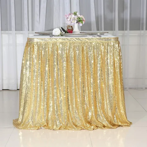 Vista 5 de PartyDelight Falda de mesa de lentejuelas doradas de 4 pies para mesa redonda/rectangular/cuadrada para fiesta de cumpleaños, boda, Navidad