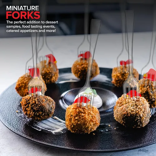 Vista 6 de Mini tenedores transparentes de 4 pulgadas (100 unidades) desechables de plástico para aperitivos para hora de cóctel, tenedores de postre