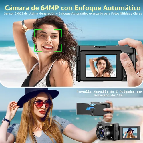 Vista 3 de Cámara digital 4K para enfoque automático de fotografía, cámara de vlogging WiFi mejorada de 64 MP para YouTube con pantalla abatible de 180° de 3