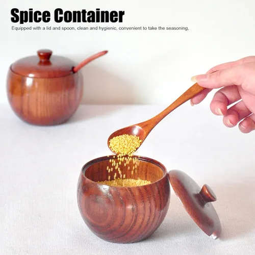 Vista 3 de Olla de especias de madera, bodega de sal de madera natural con tapa y cuchara, contenedor de azúcar, tarro de especias vintage, recipiente