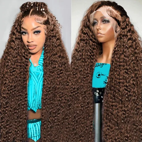 Vista 8 de Pelucas de cabello humano ondulado profundo con encaje frontal 13x6, color marrón chocolate, peluca de cabello humano rizado profundo para mujer