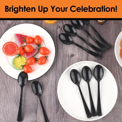 Vista 4 de Kochorie Black Plastic Spoons 180 Pack, Heavy Duty Disposable Utensils, 6.8 Inch Bulk Party Black Spoons Cutlery Set for Birthday Picnic Holiday
