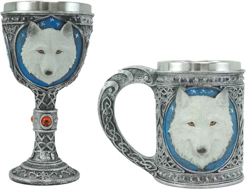 Vista 10 de Ebros Gift Gran celta mágica Knotwork Alpha Direwolf White Snow Wolf 8oz cáliz de copa de vino con forro de acero inoxidable Figura de taza
