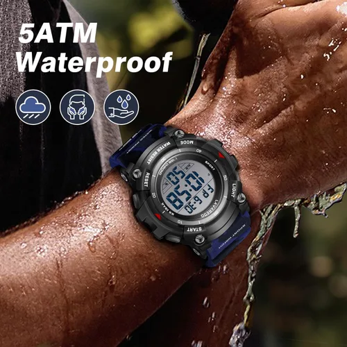 Vista 5 de Reloj digital para hombre, deportivo, resistente al agua, para hombre, con retroiluminación LED, alarma, cronómetro, cronómetro, cronógrafo digital