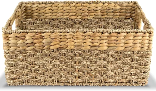 Vista 11 de Cesta de mimbre anidable de hierba marina y jacinto, multitamaño, paquete de 4, cestas de almacenamiento tejidas naturales para organizar la sala