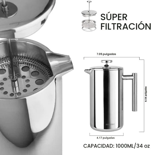 Vista 4 de Secura Cafetera de prensa francesa, prensa de café aislada de acero inoxidable de grado 304 con 2 pantallas adicionales, 34 onzas (1 litro)