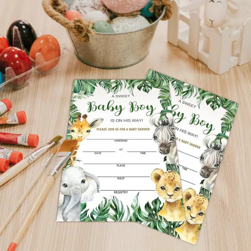 Vista 4 de Invitaciones de baby shower para niño, tarjetas de relleno de animales de la selva con sobres, de madera, juego de 25.
