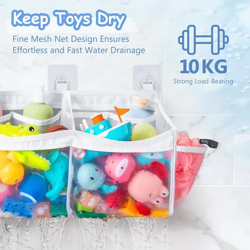 Vista 4 de Criusia Organizador de juguetes de baño extra grande con 3 compartimentos y múltiples bolsillos, almacenamiento de malla de secado rápido para tina