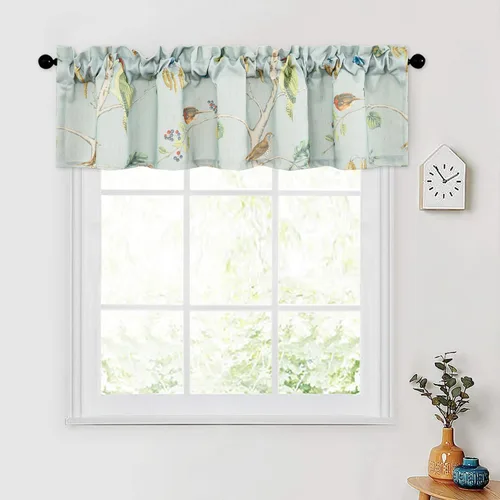 Vista 39 de Leeva Elegantes cortinas azules con pájaros en capas para sala de estar, cortinas de media ventana con textura de lino, bolsillo para barra