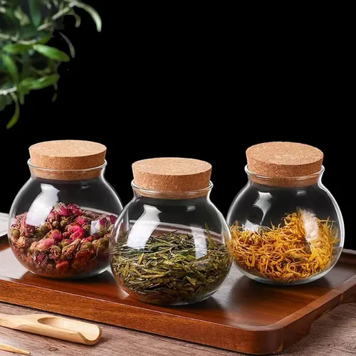 Vista 3 de Juego de 2 tarros redondos de vidrio con tapa de corcho, tarro de almacenamiento de cocina de 17 onzas, perfecto para té, galletas, cereales