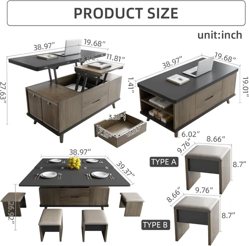 Vista 2 de Guyii Mesa de centro elevable de 38.97 pulgadas con 4 taburetes, mesa central multifuncional 3 en 1, mesa de comedor expandible para sala de estar